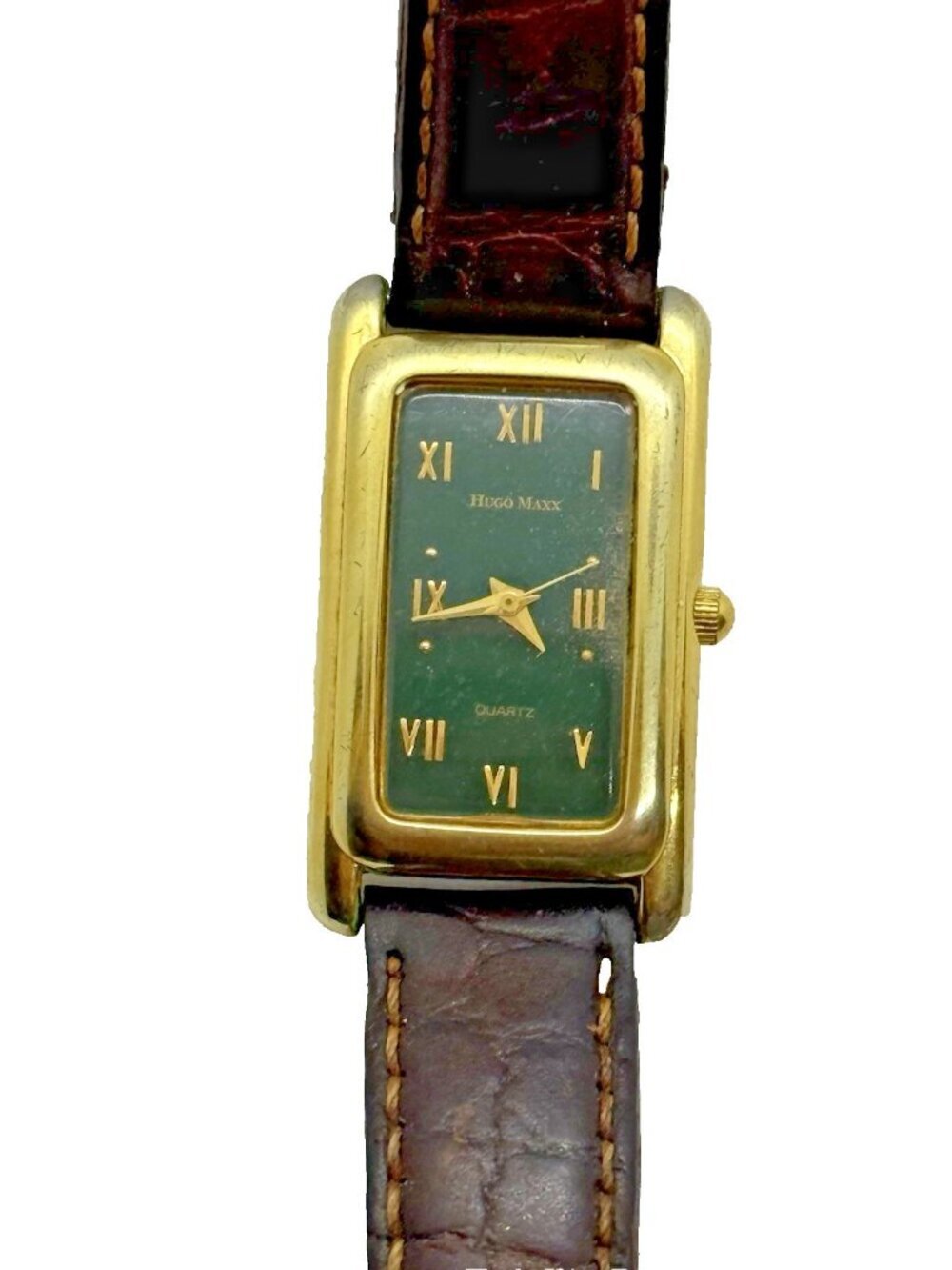 Hugo Maxx Quartz Watch Eurodesign 18K Gold Plated Japan Movt 18505 Brown Leather